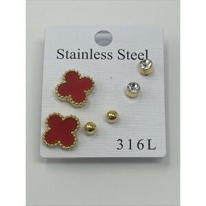 NWT 3 Pairs Gold Tone Stainless Steel Red Four Leaf Clover Stud Earring